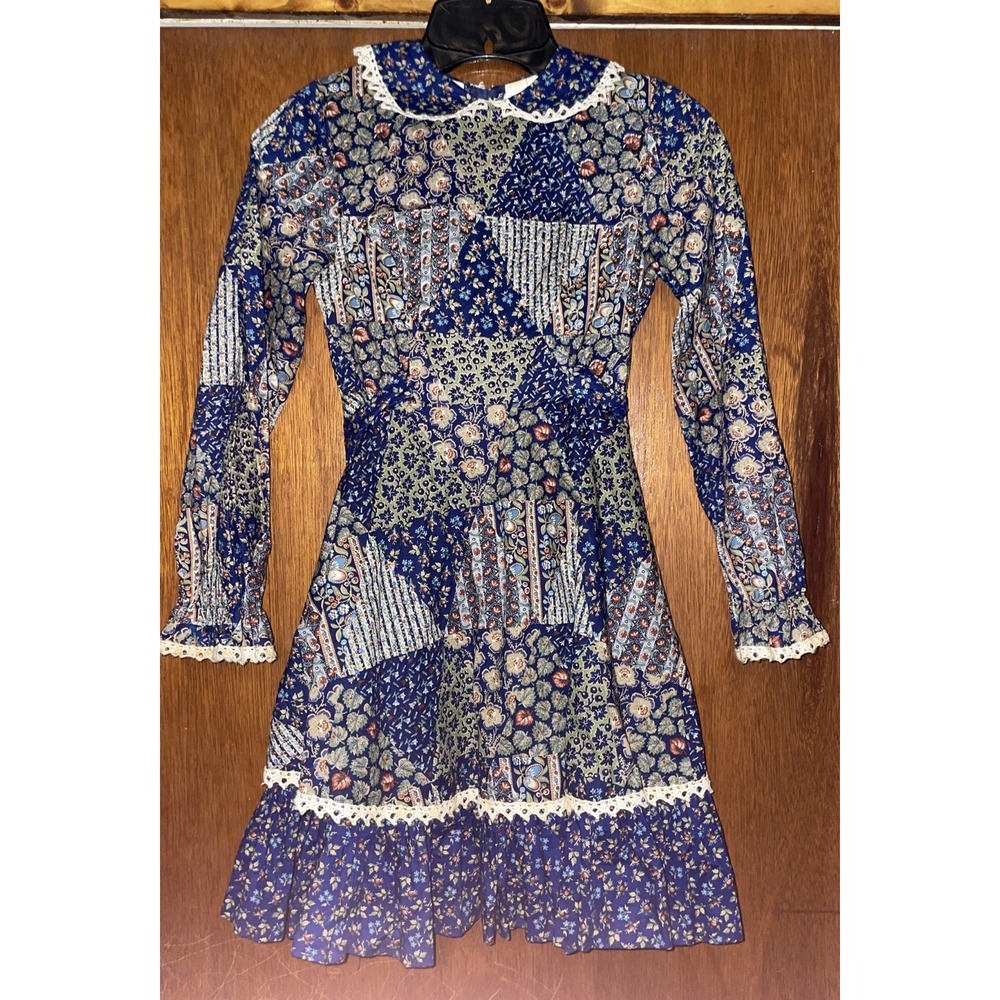 Vintage Tween Time Girl's Dress Patchwork Prairie Tulsa Oklahoma Lace Ruffles